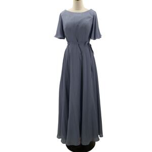 FORMAL PARTY 8 M slate blue boat neck faux wrap bridesmaid maxi dress NEW B159